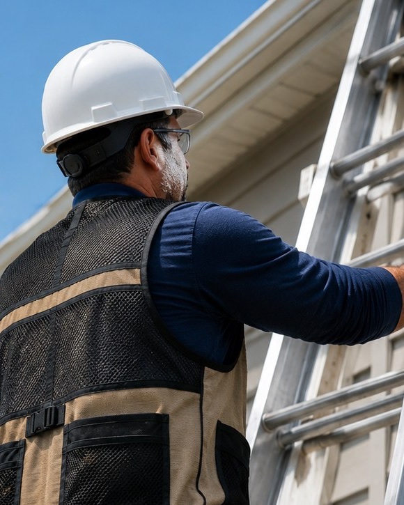 Inspector on a ladder, the load spread across the padded shoulders and the full mesh back panel