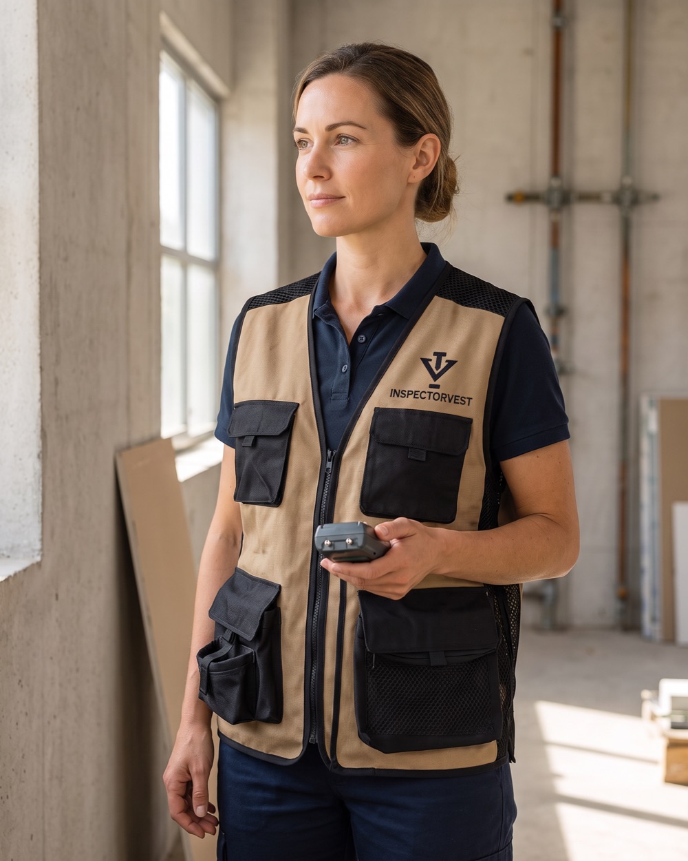 A female home inspector wearing the InspectorVest, the load spread across padded shoulders and the torso, holding a moisture meter